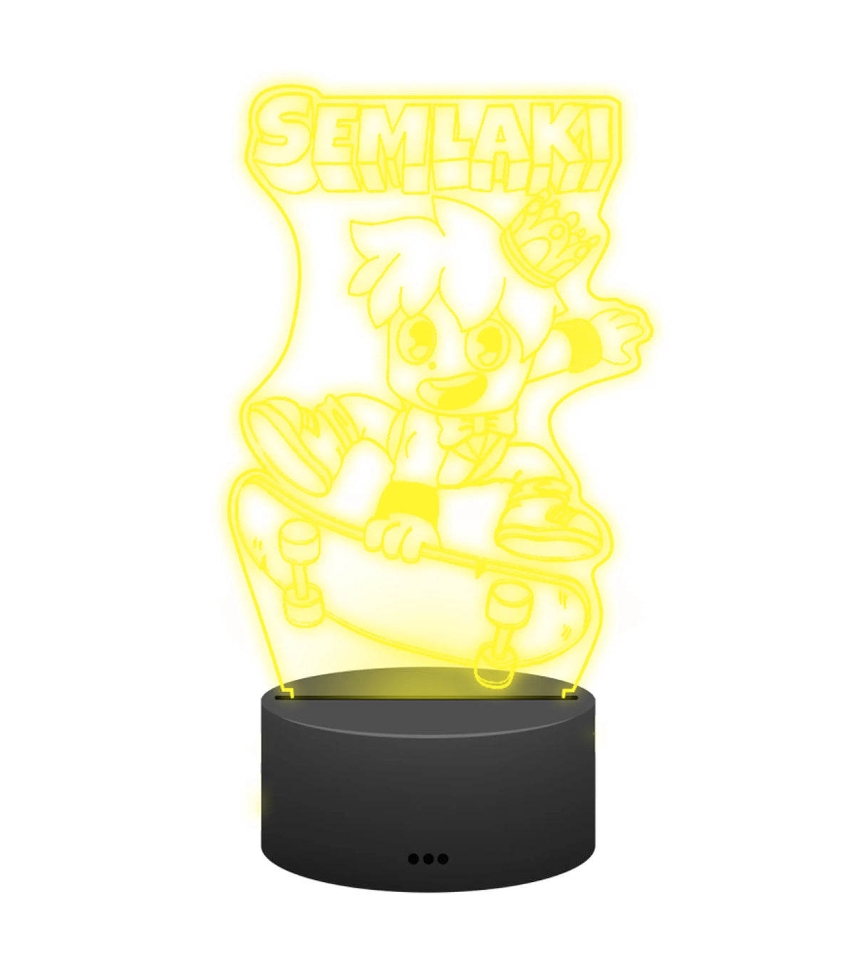 Semlaki 3D LED Lampe in Gelb leuchtend: Semlaki mit Krone auf dem Skateboard als Gravur auf der Acrylplatte mit schwarzem LED-Sockel – Creator-Merch von semukri.de