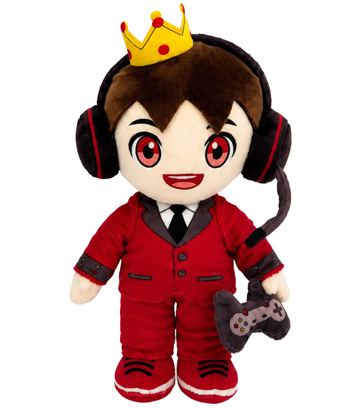 Frontansicht des offiziellen Semlaki Gaming Plüschtiers: Semlaki als kuscheliger Gaming-Plushie mit Krone, rotem Anzug, Headset und Controller – Creator-Merch von semukri.de