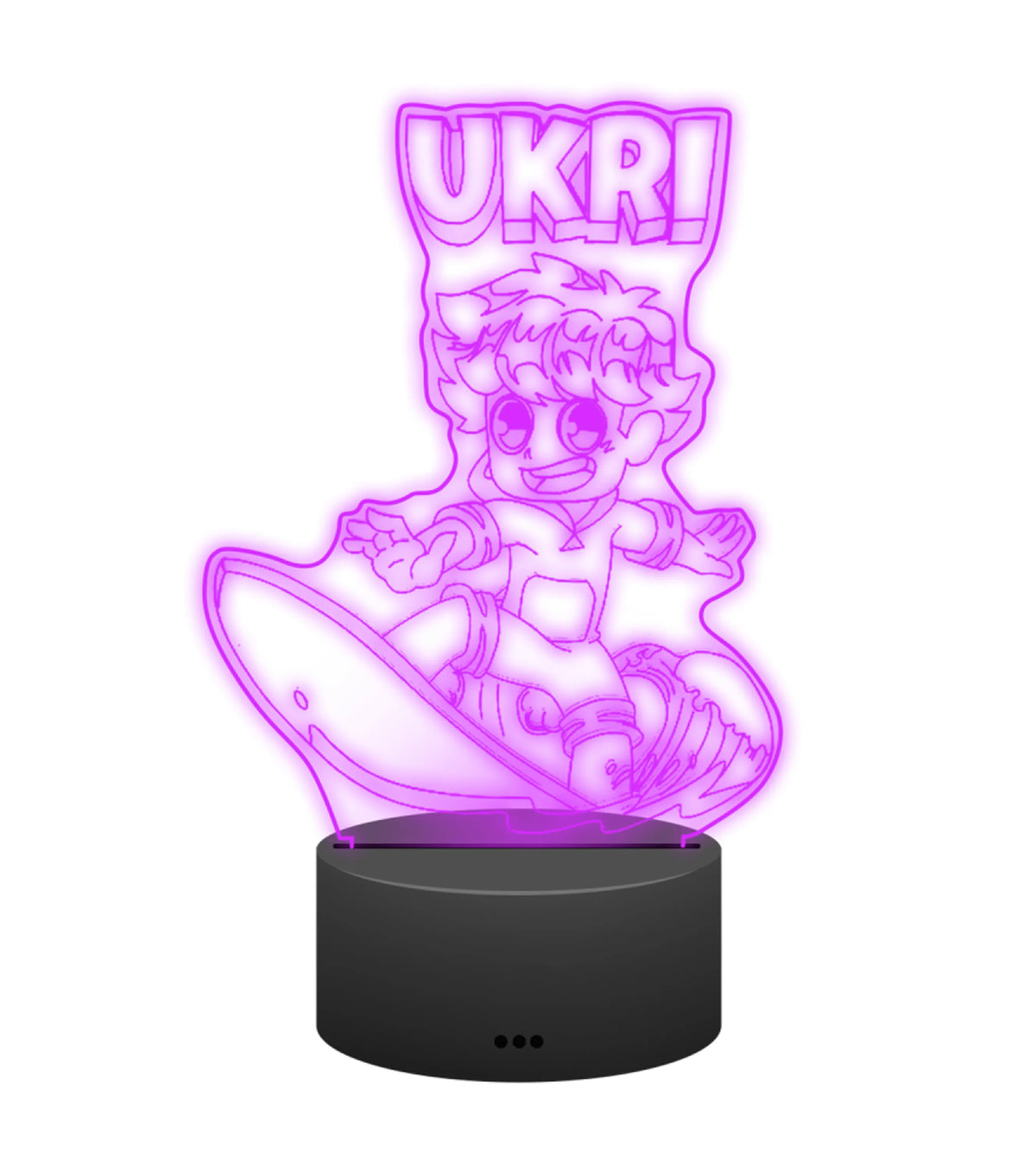 Ukri 3D LED Lampe in Lila leuchtend: Ukri beim Surfen auf der Welle als Gravur auf der Acrylplatte mit schwarzem LED-Sockel – Creator-Merch von semukri.de