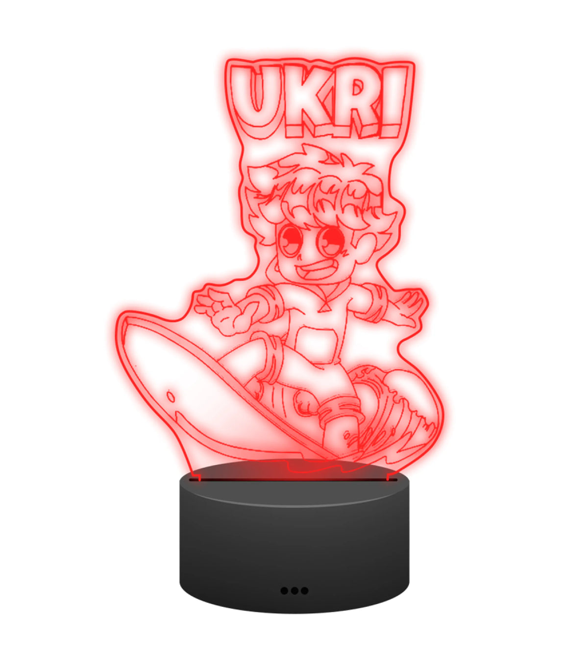 Ukri 3D LED Lampe in Rot leuchtend: Ukri beim Surfen auf der Welle als Gravur auf der Acrylplatte mit schwarzem LED-Sockel – Creator-Merch von semukri.de