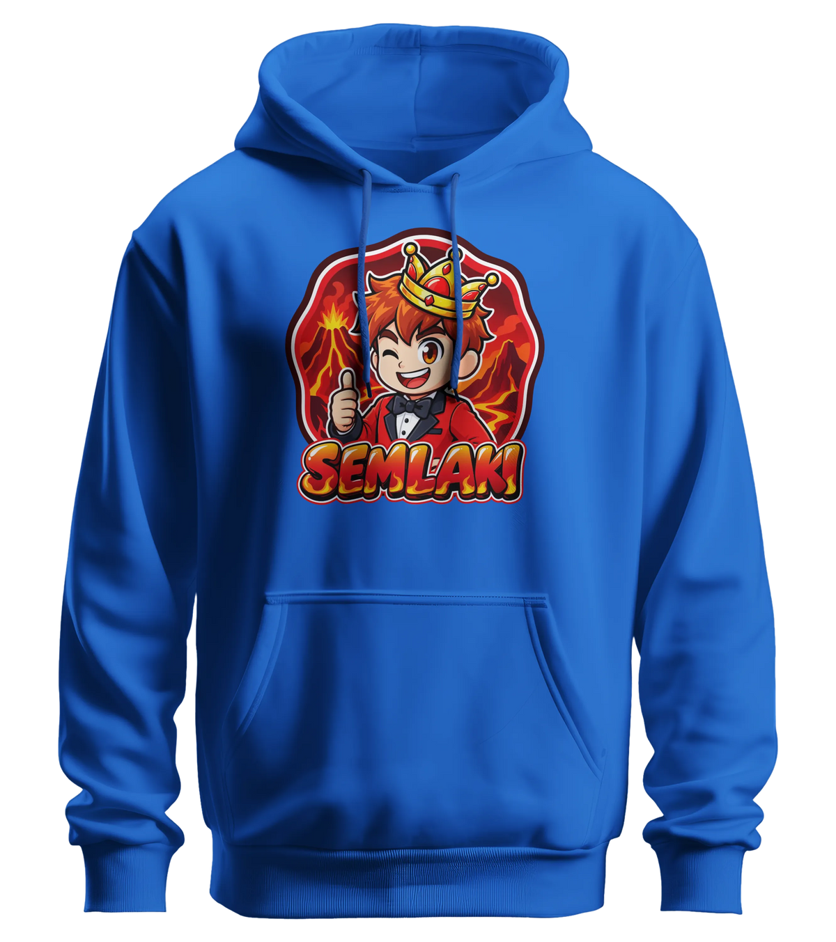 Semlaki Logo Hoodie in Blau: Semlaki mit goldener Krone, rotem Anzug und Daumen hoch vor glühender Vulkan-Kulisse als Frontprint – Creator-Merch von semukri.de