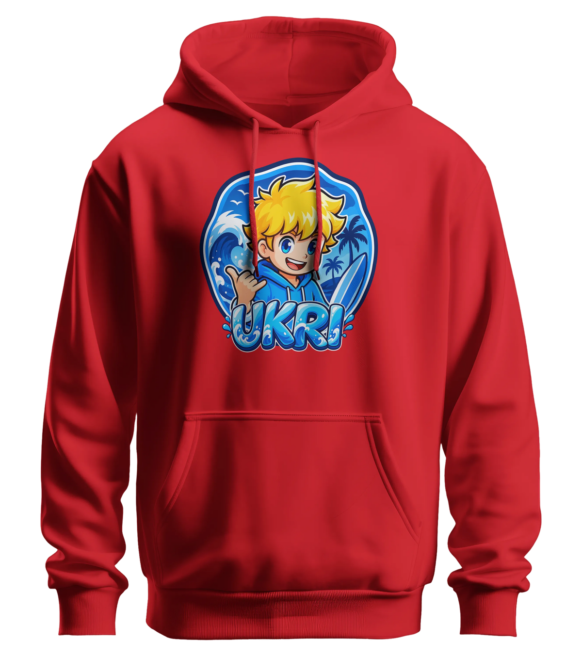 Ukri Logo Hoodie in Rot: Ukri mit Shaka-Gruß und Surfboard vor der großen blauen Welle als Frontprint – Creator-Merch von semukri.de