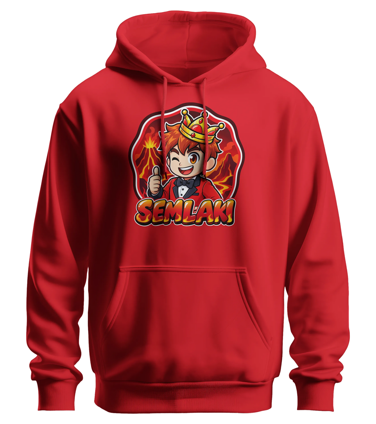 Semlaki Logo Hoodie in Rot: Semlaki mit goldener Krone, rotem Anzug und Daumen hoch vor glühender Vulkan-Kulisse als Frontprint – Creator-Merch von semukri.de