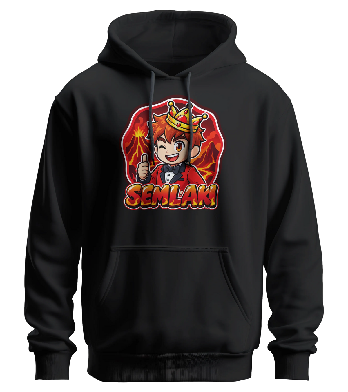 Semlaki Logo Hoodie in Schwarz: Semlaki mit goldener Krone, rotem Anzug und Daumen hoch vor glühender Vulkan-Kulisse als Frontprint – Creator-Merch von semukri.de