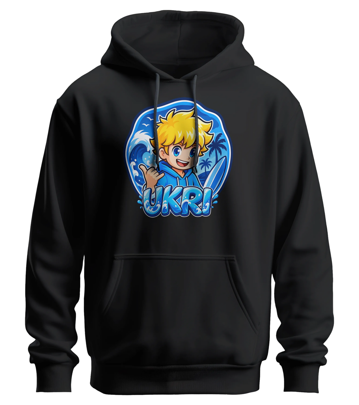 Ukri Logo Hoodie in Schwarz: Ukri mit Shaka-Gruß und Surfboard vor der großen blauen Welle als Frontprint – Creator-Merch von semukri.de