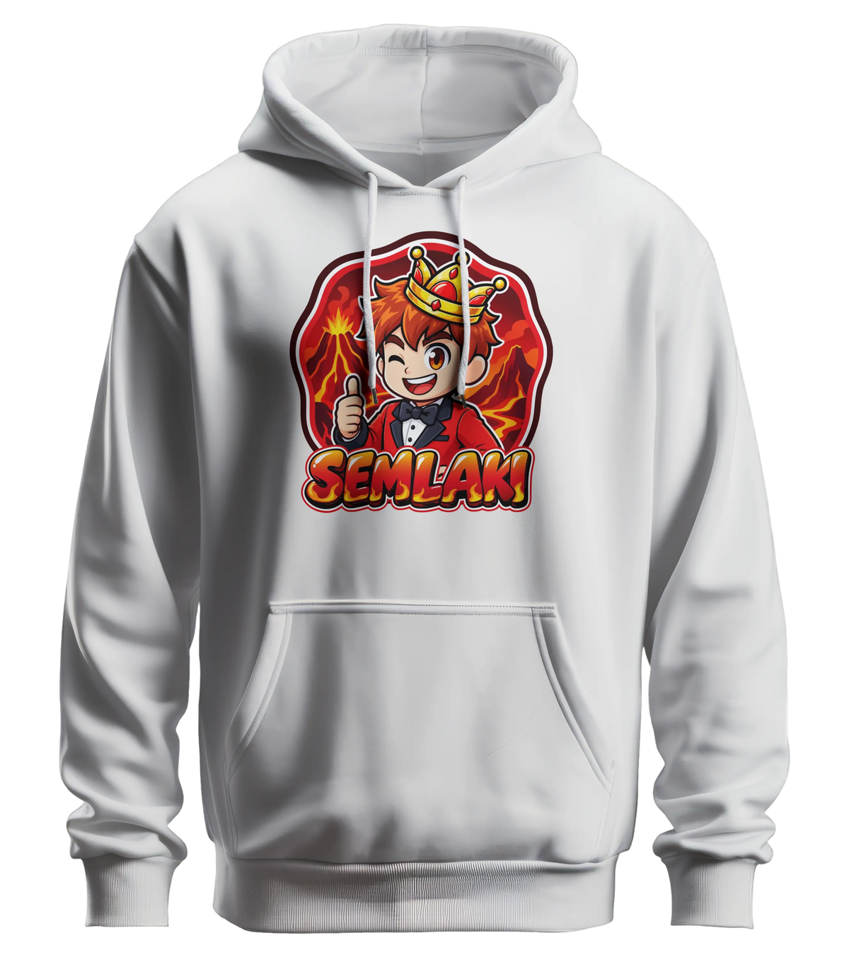 Semlaki Logo Hoodie in Weiß: Semlaki mit goldener Krone, rotem Anzug und Daumen hoch vor glühender Vulkan-Kulisse als Frontprint – Creator-Merch von semukri.de