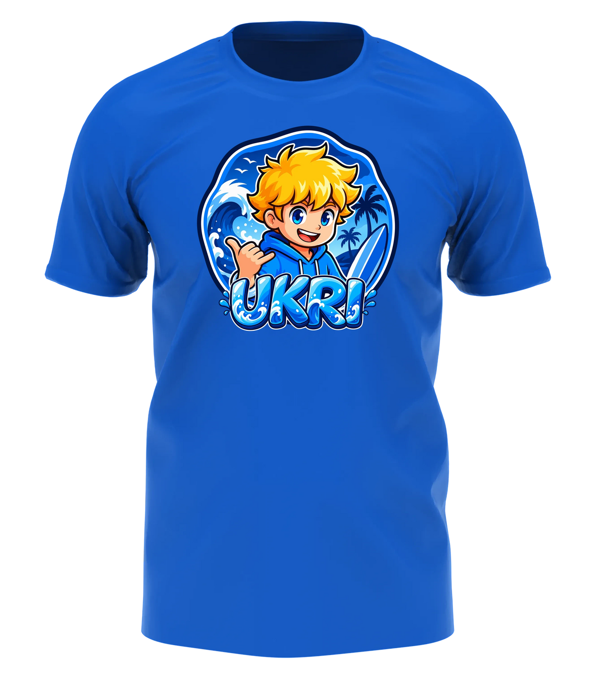 Ukri Logo T-Shirt in Blau: Ukri mit Shaka-Gruß und Surfboard vor der großen blauen Welle als Frontprint – Creator-Merch von semukri.de