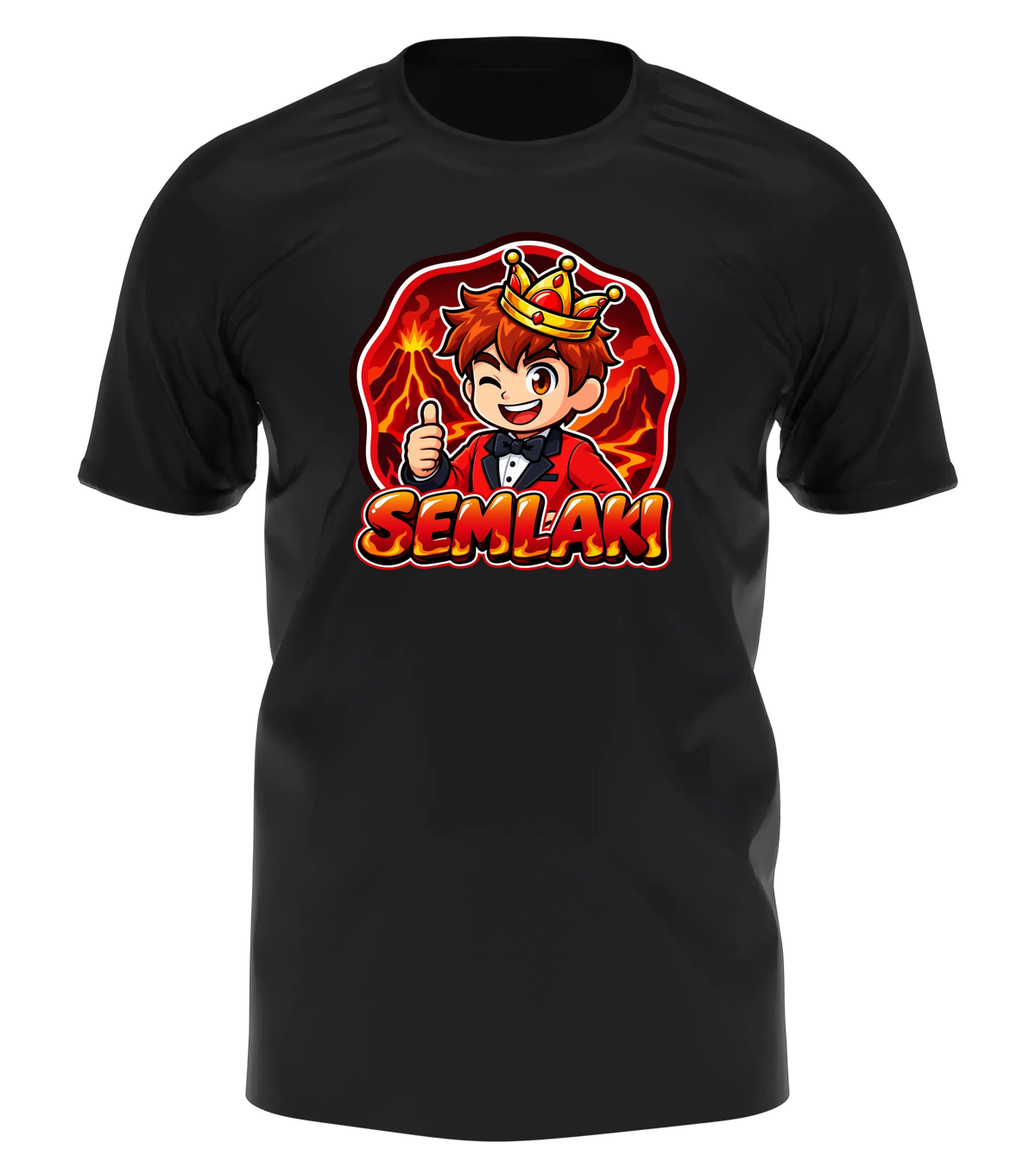 Semlaki Logo T-Shirt in Schwarz: Semlaki mit goldener Krone, rotem Anzug und Daumen hoch vor glühender Vulkan-Kulisse als Frontprint – Creator-Merch von semukri.de
