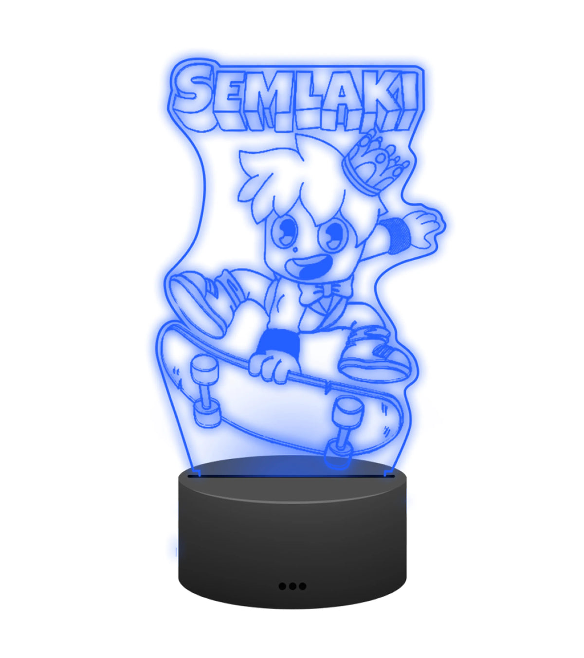Semlaki 3D LED Lampe in Blau leuchtend: Semlaki mit Krone auf dem Skateboard als Gravur auf der Acrylplatte mit schwarzem LED-Sockel – Creator-Merch von semukri.de