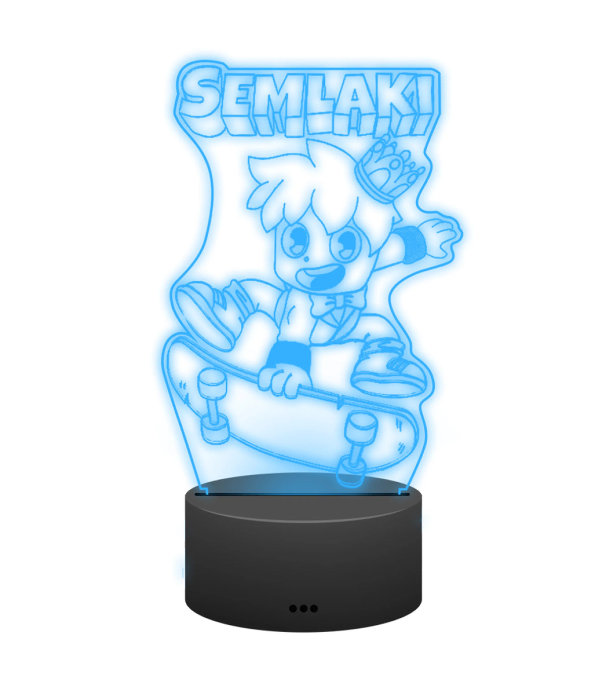 Semlaki 3D LED Lampe in Cyan leuchtend: Semlaki mit Krone auf dem Skateboard als Gravur auf der Acrylplatte mit schwarzem LED-Sockel – Creator-Merch von semukri.de