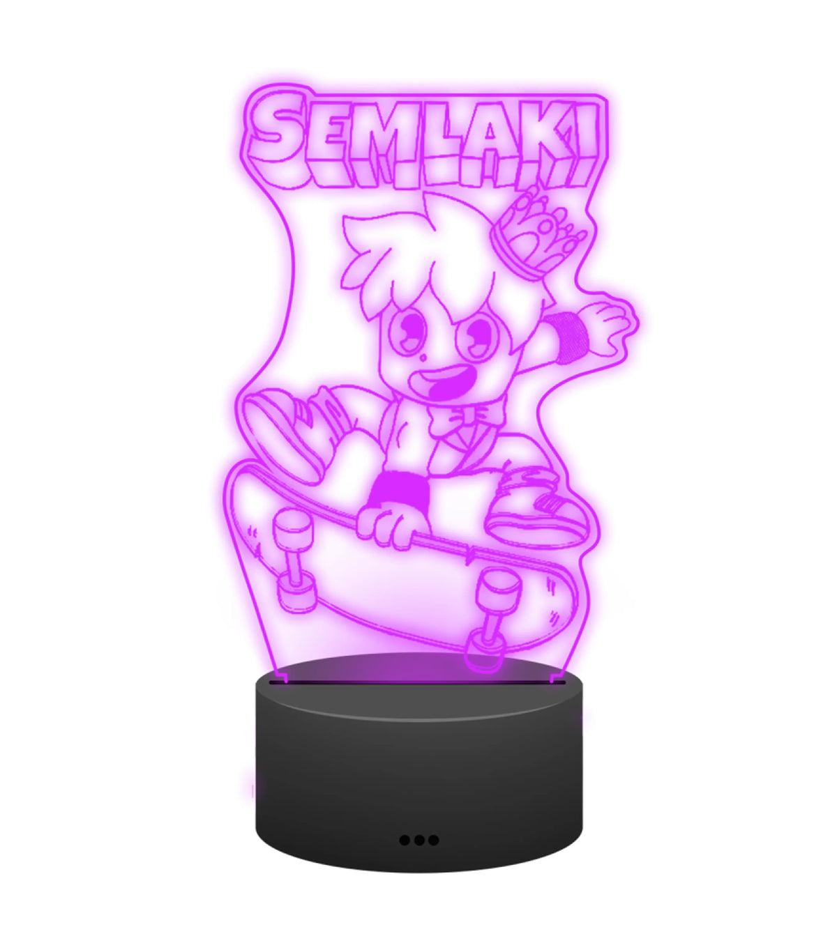 Semlaki 3D LED Lampe in Lila leuchtend: Semlaki mit Krone auf dem Skateboard als Gravur auf der Acrylplatte mit schwarzem LED-Sockel – Creator-Merch von semukri.de