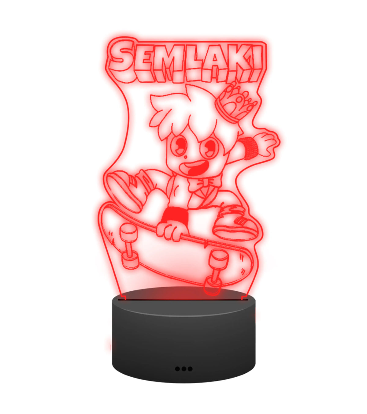 Semlaki 3D LED Lampe in Rot leuchtend: Semlaki mit Krone auf dem Skateboard als Gravur auf der Acrylplatte mit schwarzem LED-Sockel – Creator-Merch von semukri.de