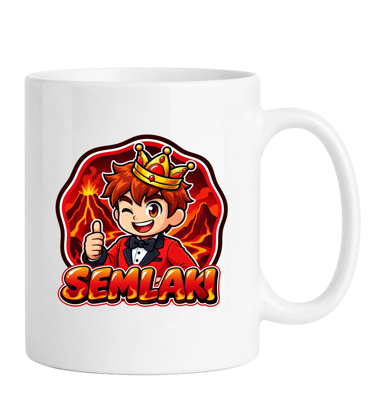 Weiße Tasse mit Semlaki Logo-Motiv: Semlaki mit goldener Krone, rotem Anzug und Daumen hoch vor glühender Vulkan-Kulisse – Creator-Merch von semukri.de