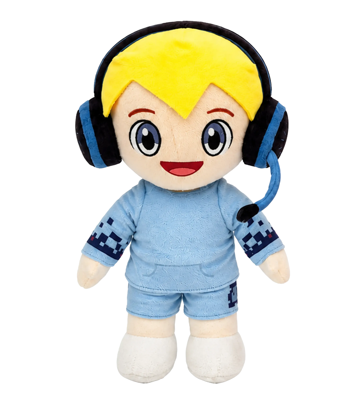 Frontansicht des offiziellen Ukri Gaming Plüschtiers: Ukri als kuscheliger Gaming-Plushie mit blondem Haar, blauem Hoodie und Gaming-Headset – Creator-Merch von semukri.de