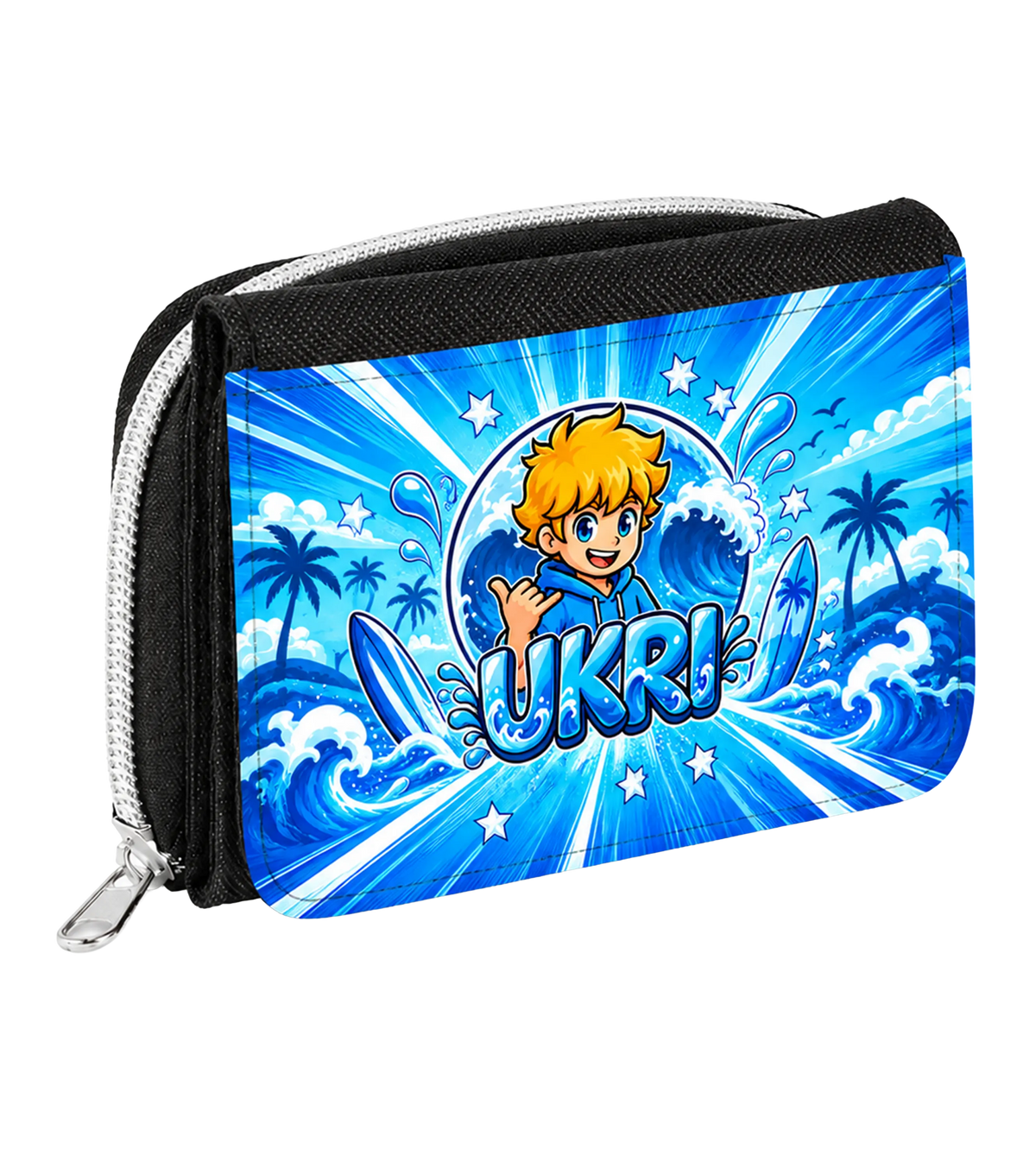 Schwarze Ukri Geldbörse mit Reißverschluss und Ukri Logo-Motiv auf der Klappe: Ukri mit Shaka-Gruß und Surfboard vor der großen blauen Welle – Creator-Merch von semukri.de