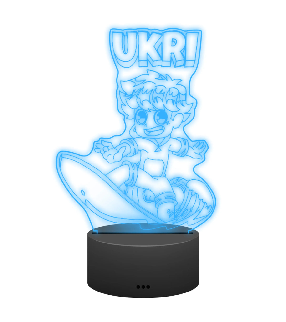 Ukri 3D LED Lampe in Cyan leuchtend: Ukri beim Surfen auf der Welle als Gravur auf der Acrylplatte mit schwarzem LED-Sockel – Creator-Merch von semukri.de