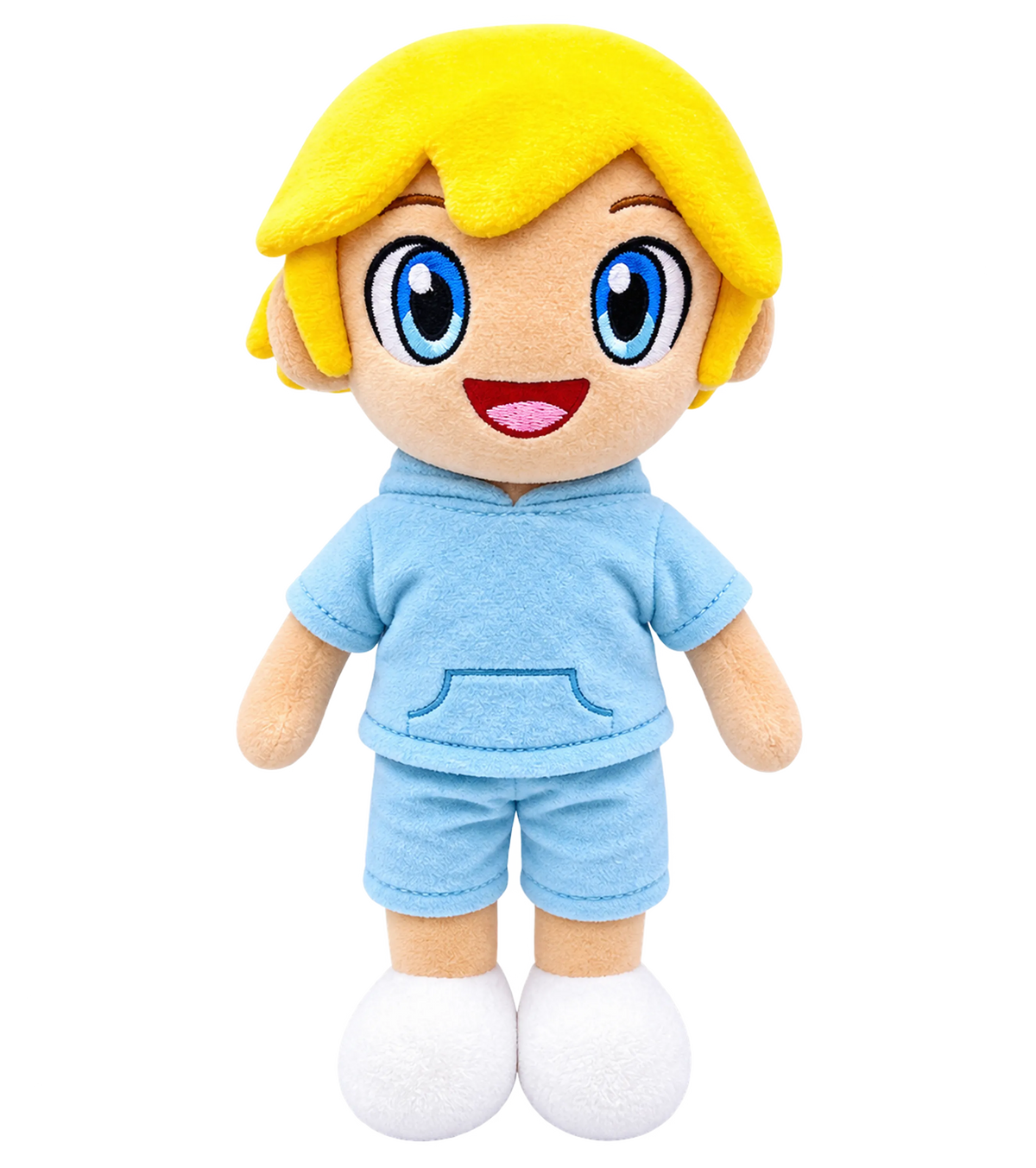 Frontansicht des offiziellen Ukri Plüschtiers: Ukri als kuscheliger Plushie mit blonder Frisur, hellblauem Hoodie und Shorts – Creator-Merch von semukri.de