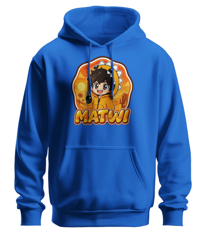 Matwi Logo Hoodie in Blau: Matwi im Dino-Hoodie mit Peace-Zeichen vor der Wüsten-Sonne als Frontprint – Creator-Merch von semukri.de