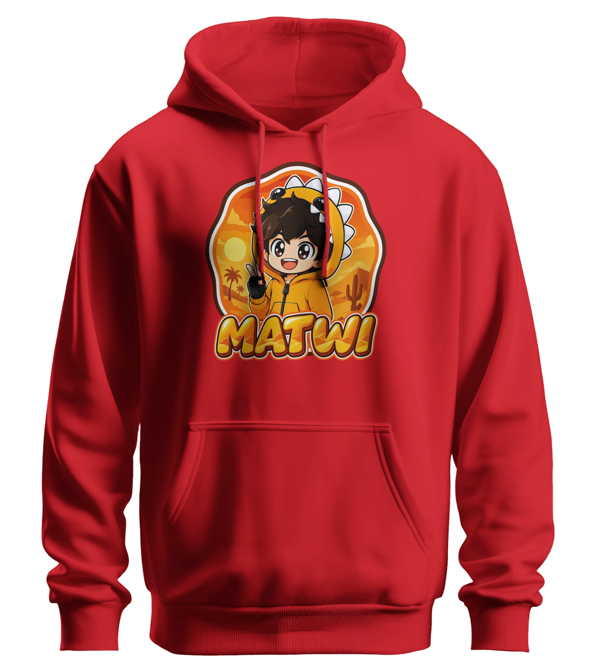 Matwi Logo Hoodie in Rot: Matwi im Dino-Hoodie mit Peace-Zeichen vor der Wüsten-Sonne als Frontprint – Creator-Merch von semukri.de
