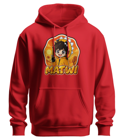 Matwi Logo Hoodie in Rot: Matwi im Dino-Hoodie mit Peace-Zeichen vor der Wüsten-Sonne als Frontprint – Creator-Merch von semukri.de
