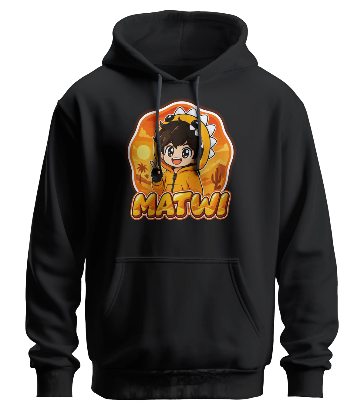 Matwi Logo Hoodie in Schwarz: Matwi im Dino-Hoodie mit Peace-Zeichen vor der Wüsten-Sonne als Frontprint – Creator-Merch von semukri.de