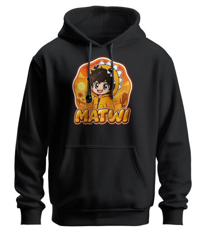 Matwi Logo Hoodie in Schwarz: Matwi im Dino-Hoodie mit Peace-Zeichen vor der Wüsten-Sonne als Frontprint – Creator-Merch von semukri.de