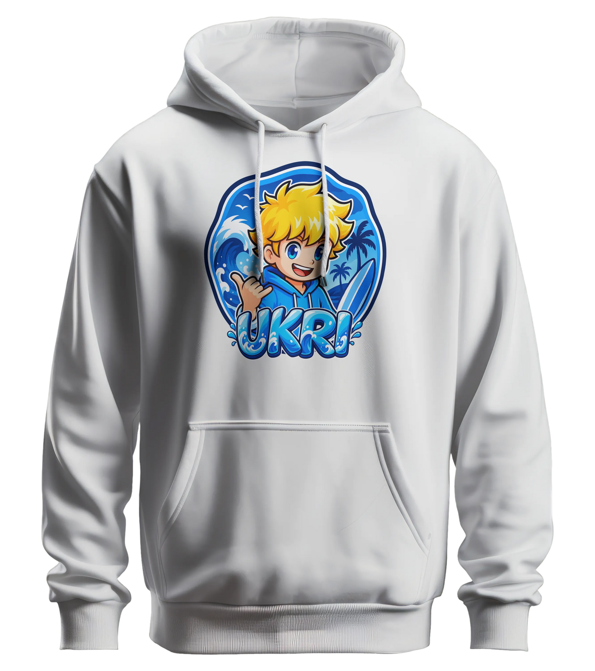 Ukri Logo Hoodie in Weiß: Ukri mit Shaka-Gruß und Surfboard vor der großen blauen Welle als Frontprint – Creator-Merch von semukri.de