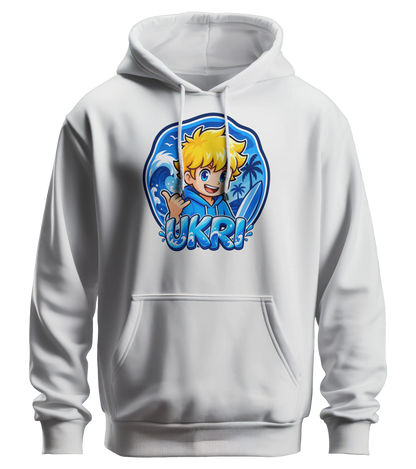 Ukri Logo Hoodie in Weiß: Ukri mit Shaka-Gruß und Surfboard vor der großen blauen Welle als Frontprint – Creator-Merch von semukri.de