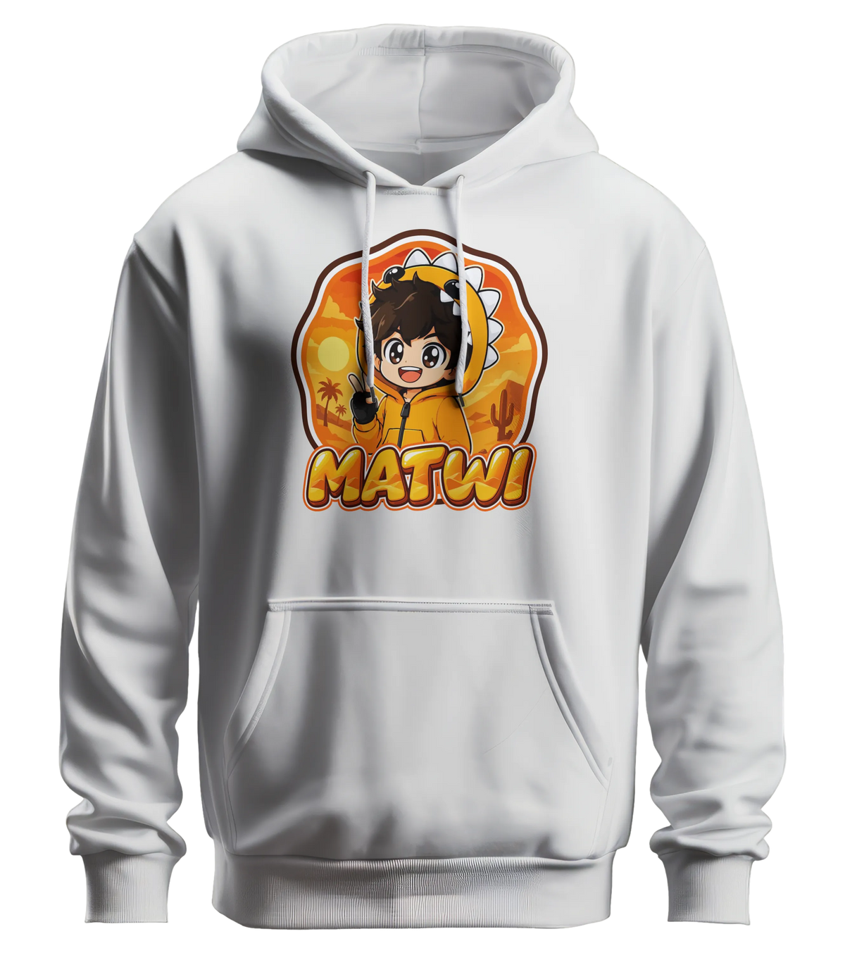 Matwi Logo Hoodie in Weiß: Matwi im Dino-Hoodie mit Peace-Zeichen vor der Wüsten-Sonne als Frontprint – Creator-Merch von semukri.de