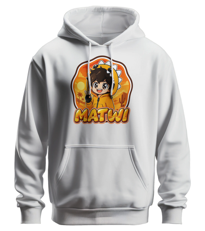 Matwi Logo Hoodie in Weiß: Matwi im Dino-Hoodie mit Peace-Zeichen vor der Wüsten-Sonne als Frontprint – Creator-Merch von semukri.de
