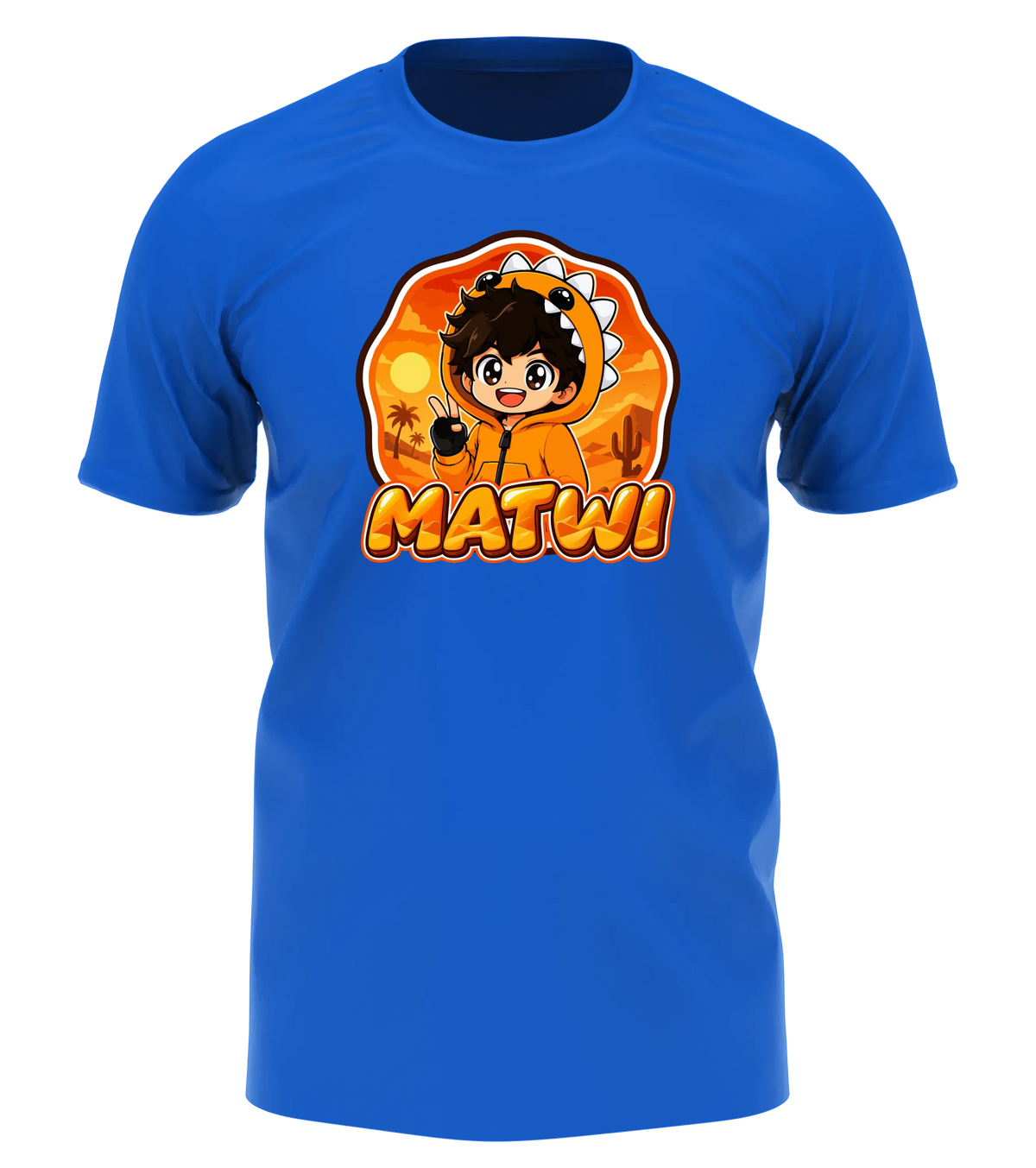 Matwi Logo T-Shirt in Blau: Matwi im Dino-Hoodie mit Peace-Zeichen vor der Wüsten-Sonne als Frontprint – Creator-Merch von semukri.de