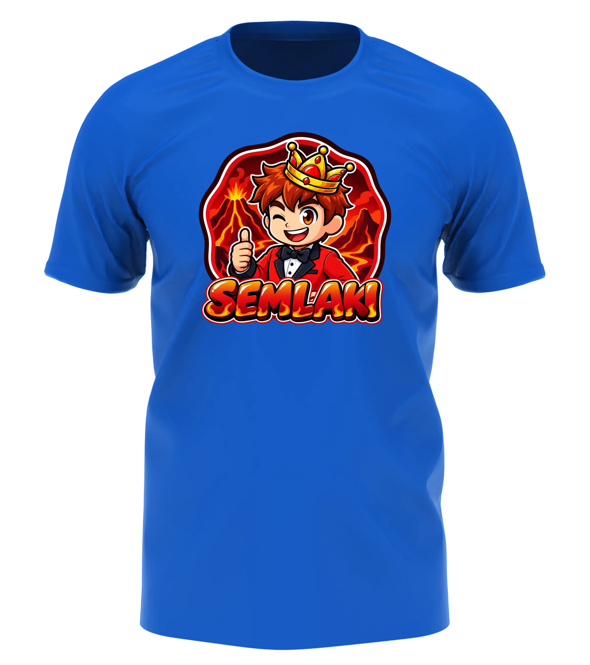 Semlaki Logo T-Shirt in Blau: Semlaki mit goldener Krone, rotem Anzug und Daumen hoch vor glühender Vulkan-Kulisse als Frontprint – Creator-Merch von semukri.de