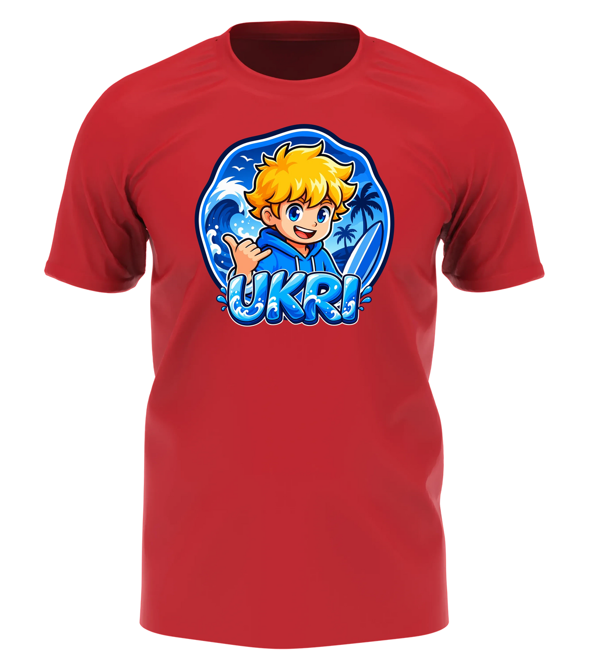 Ukri Logo T-Shirt in Rot: Ukri mit Shaka-Gruß und Surfboard vor der großen blauen Welle als Frontprint – Creator-Merch von semukri.de