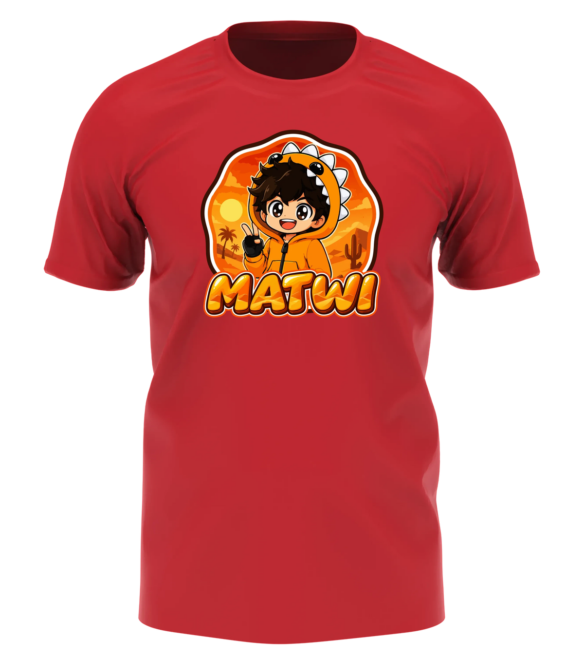Matwi Logo T-Shirt in Rot: Matwi im Dino-Hoodie mit Peace-Zeichen vor der Wüsten-Sonne als Frontprint – Creator-Merch von semukri.de