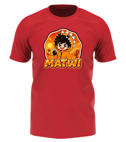 Matwi Logo T-Shirt in Rot: Matwi im Dino-Hoodie mit Peace-Zeichen vor der Wüsten-Sonne als Frontprint – Creator-Merch von semukri.de