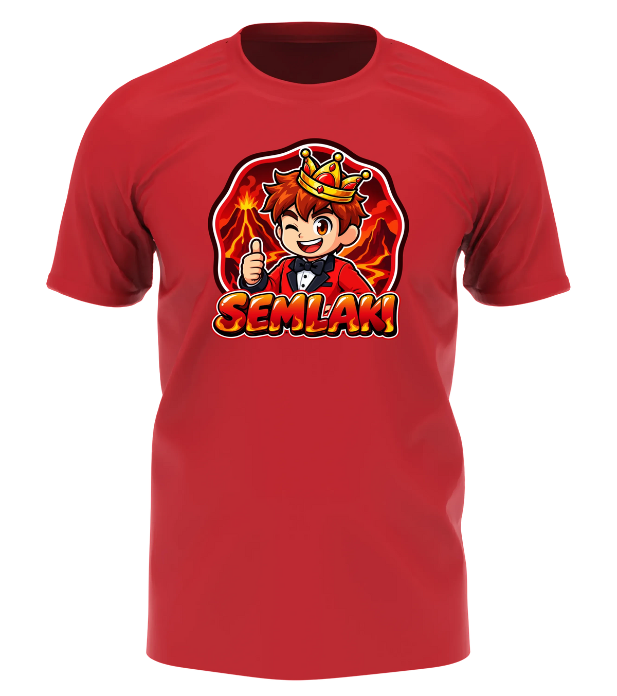Semlaki Logo T-Shirt in Rot: Semlaki mit goldener Krone, rotem Anzug und Daumen hoch vor glühender Vulkan-Kulisse als Frontprint – Creator-Merch von semukri.de