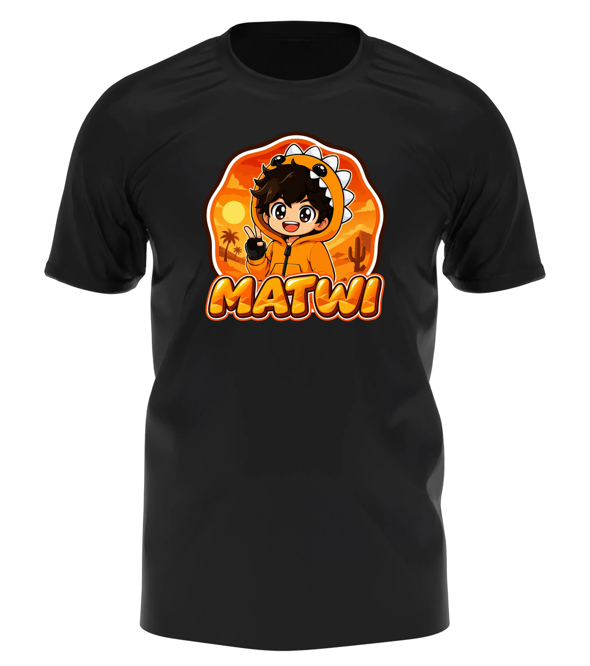 Matwi Logo T-Shirt in Schwarz: Matwi im Dino-Hoodie mit Peace-Zeichen vor der Wüsten-Sonne als Frontprint – Creator-Merch von semukri.de