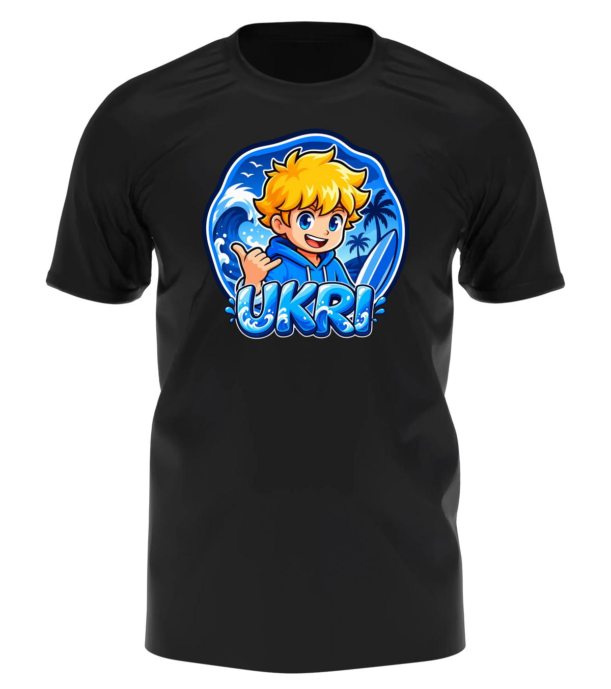 Ukri Logo T-Shirt in Schwarz: Ukri mit Shaka-Gruß und Surfboard vor der großen blauen Welle als Frontprint – Creator-Merch von semukri.de