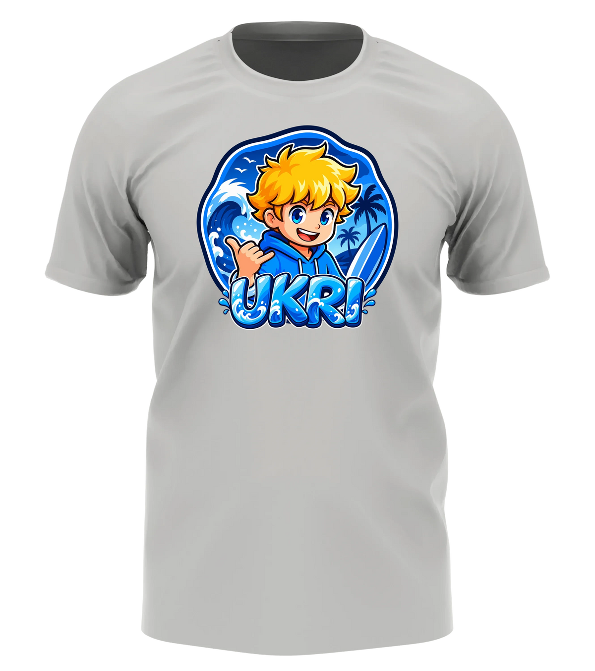 Ukri Logo T-Shirt in Weiß: Ukri mit Shaka-Gruß und Surfboard vor der großen blauen Welle als Frontprint – Creator-Merch von semukri.de