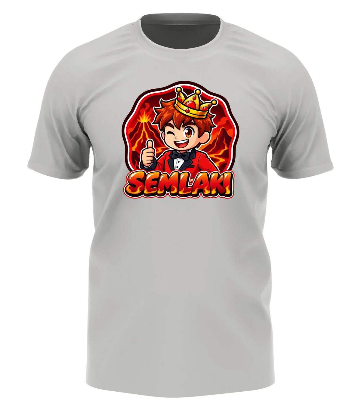 Semlaki Logo T-Shirt in Weiß: Semlaki mit goldener Krone, rotem Anzug und Daumen hoch vor glühender Vulkan-Kulisse als Frontprint – Creator-Merch von semukri.de