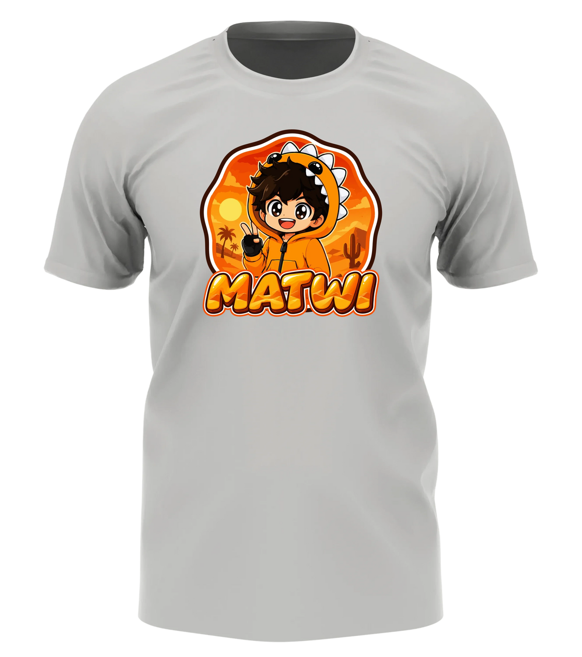 Matwi Logo T-Shirt in Weiß: Matwi im Dino-Hoodie mit Peace-Zeichen vor der Wüsten-Sonne als Frontprint – Creator-Merch von semukri.de